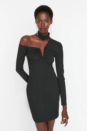 Trendyol Black Asymmetrical Collar Detailed Evening Dress