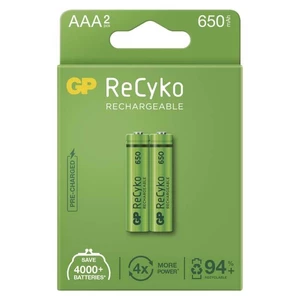 Batéria nabíjacie GP ReCyko, HR03, AAA, 650mAh, NiMH, krabička 2ks (B2116) nabíjacia batéria • typ HR03 (mikrotužka, AAA) • minimálna kapacita 650 mAh