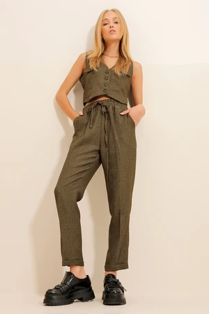 Trend Alaçatı Stili Women's Green Herringbone Patterned Elastic Waist Double Cuff Trousers