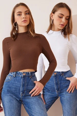 Happiness İstanbul Women's Brown White 2-Pack Ribbed Turtleneck Crop Knitted Blouse