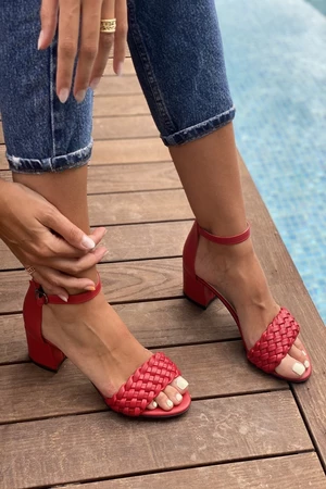 İnan Ayakkabı Women's Red Single Strap Thin Knit Ankle Heels Shoes
