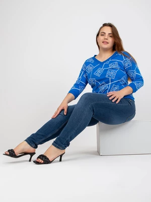 Larger size dark blue blouse with printed design