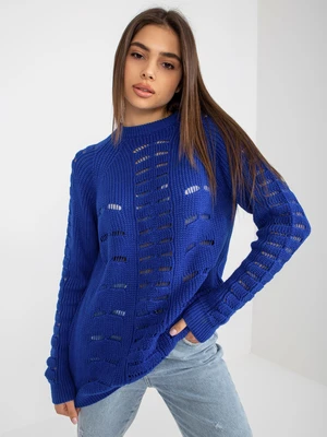 Cobalt blue oversized sweater with openwork pattern