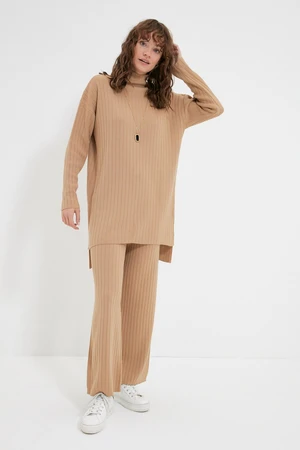 Trendyol Camel Half Turtleneck Ribbed Sweater-Pants Knitwear Suit