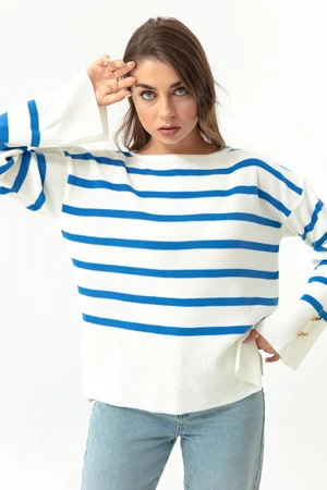 Lafaba Women's Blue Boat Collar Striped Knitwear Sweater