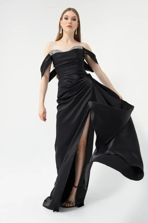 Lafaba Women's Black Bateau Neck Slit Long Satin Evening Dress.