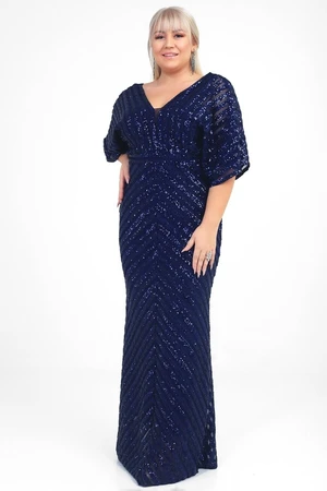 By Saygı Women's Navy Blue Ottoban Stamp Sequin Lined Plus Size Long Evening Dress