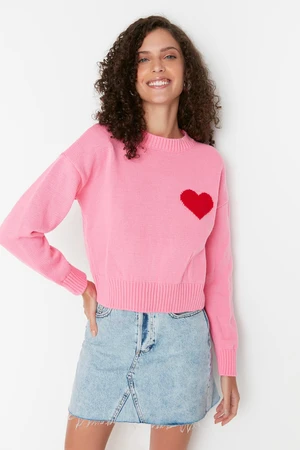 Trendyol Pink Heart Detailed Knitwear Sweater