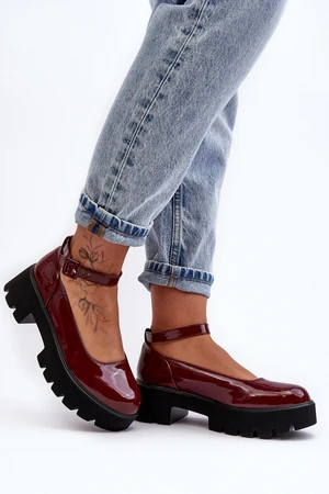 Women's patent leather low-heeled shoes with a buckle, burgundy Owena