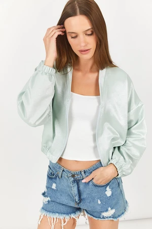 armonika Women's Mint V-Neck Elastic Waist Bomber Jacket