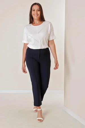 By Saygı Crepe Patterned Slim Leg Plus Size Trousers.