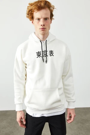 XHAN White with Print Detailed Hoodie Sweatshirt