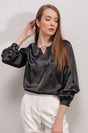 Bigdart 0448 Flowy Satin Blouse - Black