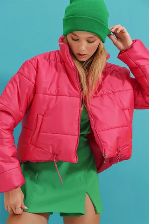 Trend Alaçatı Stili Women's Fuchsia Stand Collar Double Pocketed Inflatable Puffer Coat with Elastic Waist