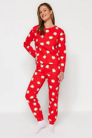 Trendyol Red 100% Cotton Animal Printed Tshirt-Jogger Knitted Pajama Set