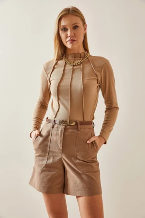 XHAN Beige Sewing Detailed Half Turtleneck Blouse