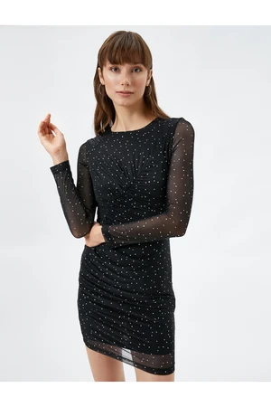 Koton Mini Evening Dress Long Sleeved Polka Dot Crew Neck Draped