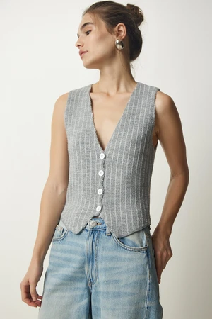 Happiness İstanbul Women's Gray Striped Raised Knitwear Vest