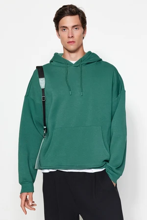 Trendyol Green Men's Oversize/Wide-Cut Hoodie. Puffy Back Printed Fleece Interior Cotton Sweatshirt.