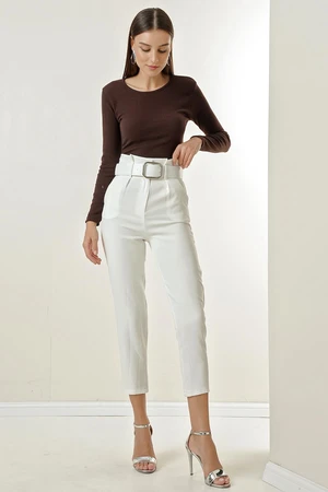 By Saygı Belted Waist, Side Pockets, Skinny Legs Fabric Trousers.