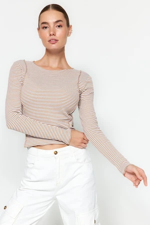 Trendyol Camel Stripe Ribbed Ribbons Fitted/Slippery Knitted Blouse