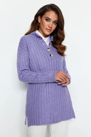 Trendyol Lilac Collar Buttoned Ribbed Knitwear Sweater