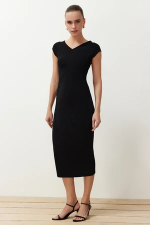 Trendyol Black V-Neck Moon Sleeve Fitted Ribbed Flexible Knitted Knitted Midi Pencil Dress