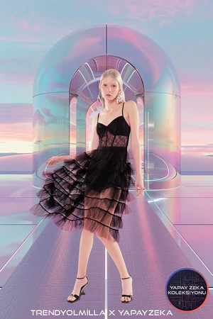 Trendyol X Artificial Intelligence Black A-Line Woven Tulle Elegant Evening Dress