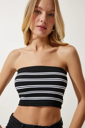 Happiness İstanbul Women's Black and White Strapless Ribbed Knitted Bustier