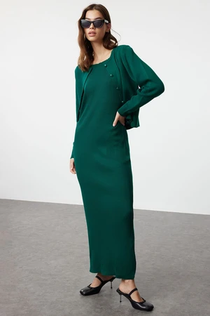 Trendyol Emerald Green Corded Knitwear Cardigan Dress Suit