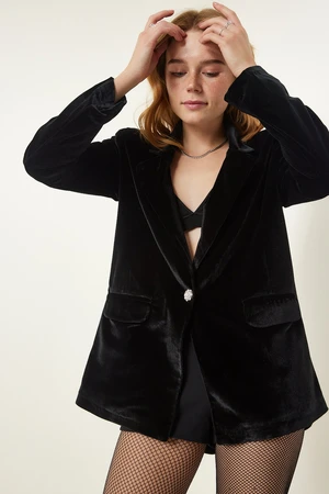 Happiness İstanbul Women's Black Stylish Velvet Blazer Jacket