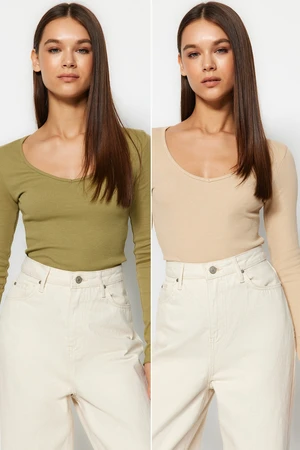 Trendyol 2-Pack Khaki-Beige V-Neck Fitted Cotton Stretch Knit Blouse