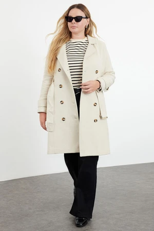 Trendyol Curve Beige Regular Fit Belt Detailed Wool Blend Coat