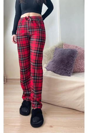 17947 Dewberry Plaid Checkered Cotton Velvet Pyjama Bottoms-RED-BLACK