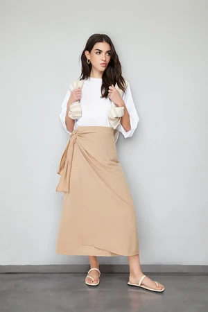 Trendyol Camel Double Breasted Tie Detailed Woven Linen Look Skirt