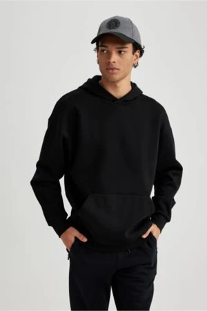 DEFACTO Black Oversize Wide Pattern Hooded Kangaroo Pocket Basic Plain Sweatshirt