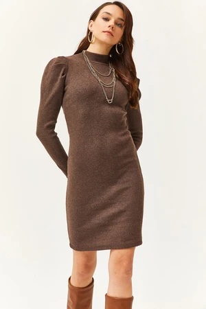 Olalook Women's Bitter Brown Half Turtleneck Princess Sleeve Raised Mini Dress