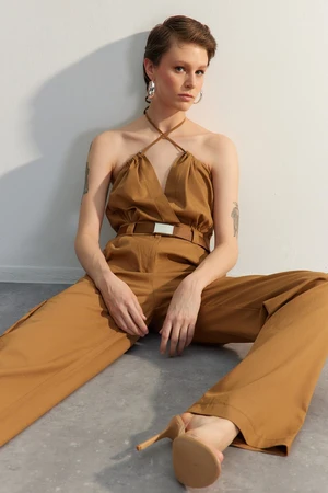 Trendyol Limited Edition Camel Belt Woven Jumpsuit