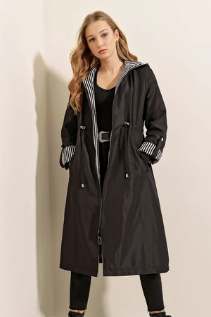 Bigdart 9091 Gathered Waist Hooded Trench Coat - Black