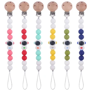 Cartoon Astronaut Pacifier Holder Wood Clip Teething Chain Nipple Holder Chewable Pendant Accessory