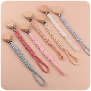 Baby Pacifier Chain Hand Braided Cotton Cloth Handmade Heart Shape Wooden Dummy Pacifier Clips For Nursing Teether Gifts