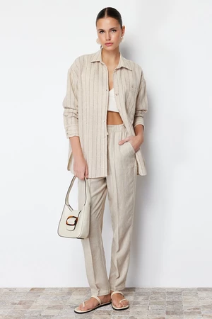 Trendyol Beige Striped Oversize Linen Look Woven Shirt