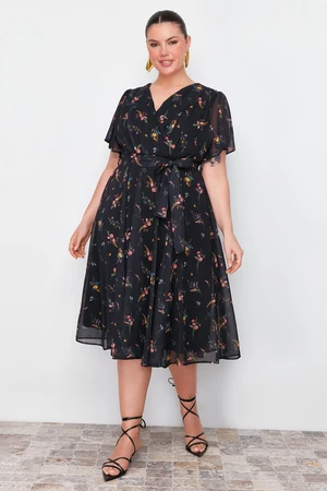 Trendyol Curve Multi Color Floral Pattern Chiffon Double Breasted Woven Dress