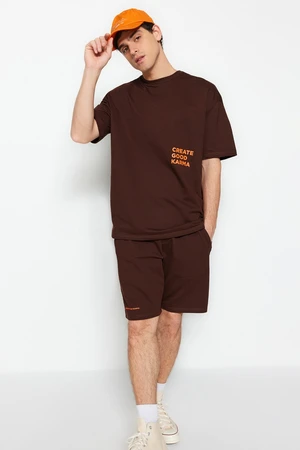 Trendyol Brown Tracksuit Set Relaxed/Comfortable Cut Text Printed Cotton