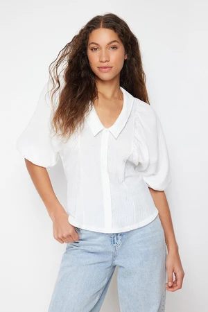 Trendyol Ecru Regular Woven Linen Look Shirt with Back Tie Detail