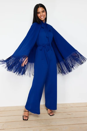 Trendyol Navy Blue Tasseled Evening Dress Jumpsuit-Cape Suit