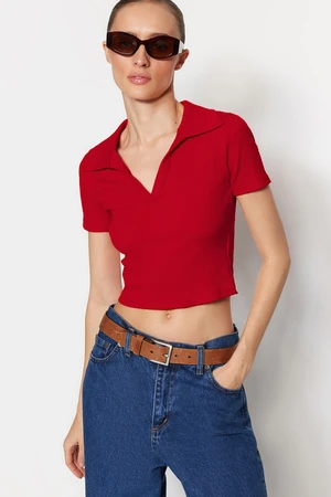 Trendyol Red Fitted/Situated Crop Polo Neck Ribbed Stretch Knitted Blouse