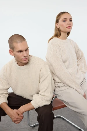 Trendyol Beige Oversize Fit Couple/Double Wide Pattern Crew Neck Basic Knitwear Sweater