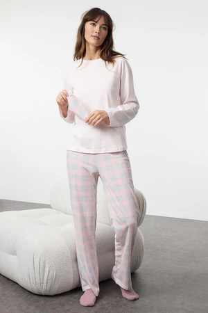 Trendyol Pink-Multicolored Cotton Plaid Sleep Band Knitted Pajama Set