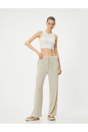 Koton Wide Leg Trousers Textured Comfortable Fit Tie Waist Viscose Fabric Blended